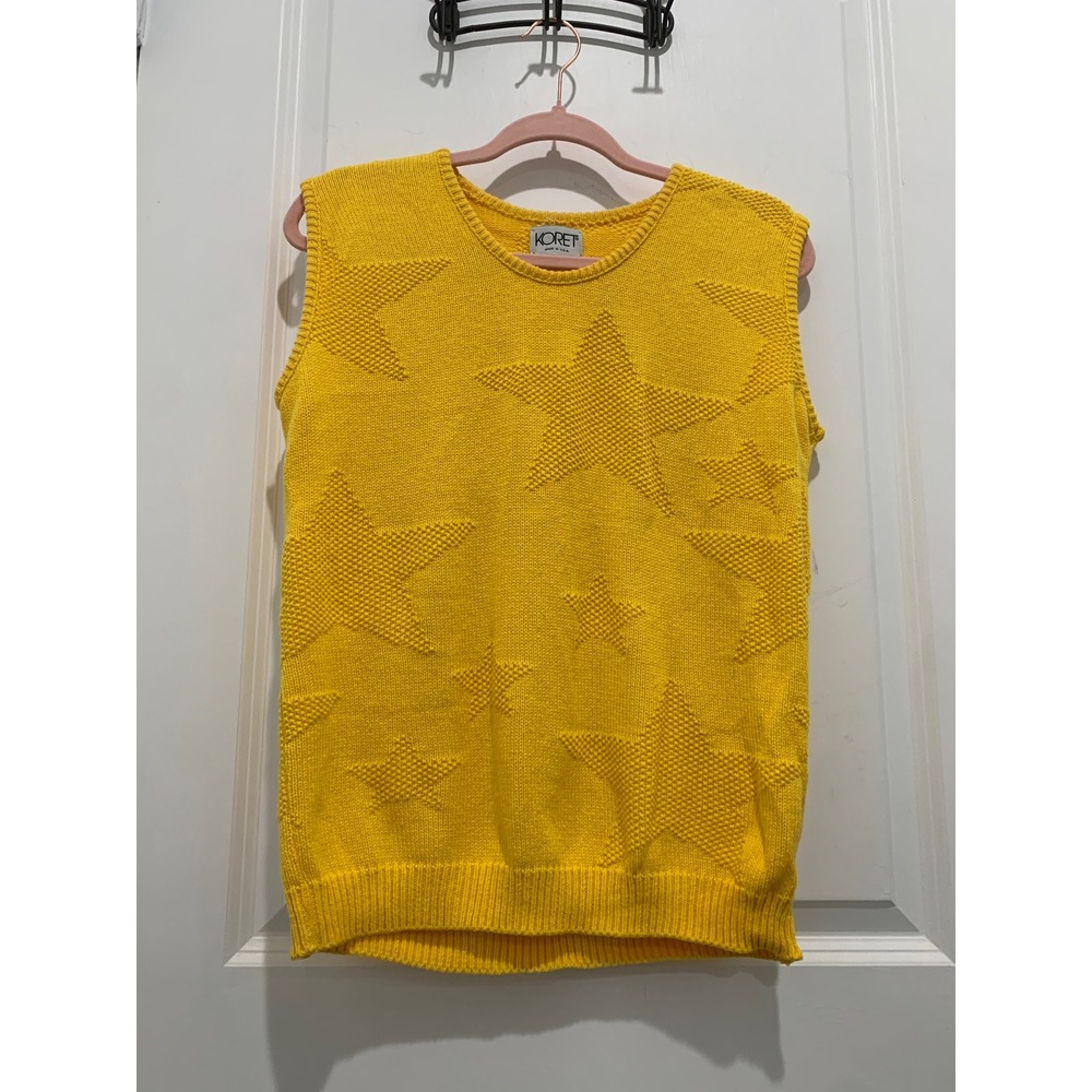Vintage Koret Yellow Star Textured Knit Sweater Vest Crew Neck Made in USA